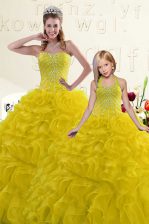 Elegant Gold Organza Lace Up Sweet 16 Quinceanera Dress Sleeveless Floor Length Beading and Ruffles