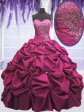 Superior Fuchsia Ball Gowns Sweetheart Sleeveless Taffeta Floor Length Lace Up Beading and Appliques and Pick Ups Quinceanera Gowns