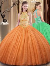 Artistic Ball Gowns Sweet 16 Quinceanera Dress Orange High-neck Tulle Sleeveless Floor Length Backless