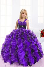 Graceful Blue And Black Pageant Gowns For Girls Party and Wedding Party with Beading and Ruffles Straps Sleeveless Lace Up