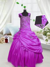  Fuchsia Sleeveless Floor Length Beading and Pick Ups Lace Up Girls Pageant Dresses