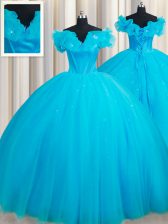 Traditional Off the Shoulder Ball Gowns Sleeveless Baby Blue Quinceanera Dress Court Train Lace Up