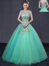 Sexy Scoop Sleeveless Quinceanera Gown Floor Length Beading and Appliques Turquoise Organza