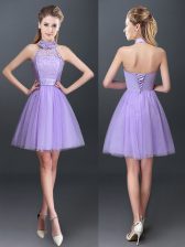 Artistic Lavender Court Dresses for Sweet 16 Prom and Party and Wedding Party with Lace and Appliques Halter Top Sleeveless Lace Up