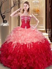 Inexpensive Sweetheart Sleeveless Organza Quince Ball Gowns Embroidery and Ruffles Lace Up
