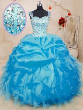 Spectacular Beading and Ruffles and Pick Ups 15th Birthday Dress Baby Blue Lace Up Sleeveless Floor Length