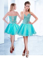 High Quality Mini Length Aqua Blue Prom Evening Gown V-neck Sleeveless Lace Up