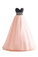  Sleeveless Floor Length Beading Lace Up Homecoming Dress with Pink And Black