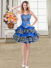 Fancy Taffeta Sweetheart Sleeveless Lace Up Beading and Embroidery and Ruffled Layers Evening Dress in Blue