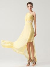 Decent One Shoulder Sleeveless Ankle Length Beading and Ruching Side Zipper Prom Evening Gown with Light Yellow