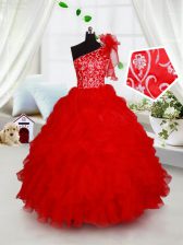 Perfect Red One Shoulder Lace Up Beading and Ruffles and Hand Made Flower Little Girls Pageant Dress Sleeveless