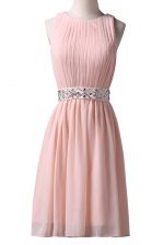  Scoop Sleeveless Chiffon Knee Length Lace Up in Pink with Beading