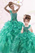 Flirting Turquoise Ball Gowns One Shoulder Sleeveless Organza Floor Length Lace Up Beading and Ruffles 15th Birthday Dress