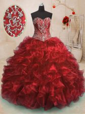  Wine Red Organza Lace Up Sweetheart Sleeveless With Train Ball Gown Prom Dress Sweep Train Beading and Ruffles
