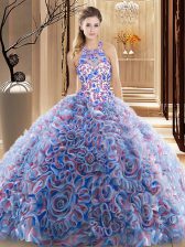Great Brush Train Ball Gowns Sweet 16 Quinceanera Dress Multi-color High-neck Fabric With Rolling Flowers Sleeveless Criss Cross