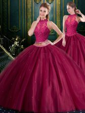 Fabulous Burgundy Ball Gowns Beading and Lace Vestidos de Quinceanera Lace Up Tulle Sleeveless Floor Length