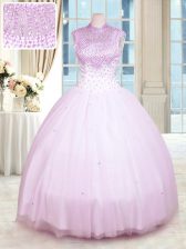  Sleeveless Floor Length Beading Zipper 15th Birthday Dress with Lilac