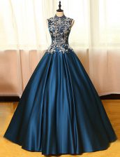  Navy Blue High-neck Backless Appliques Homecoming Dress Sleeveless