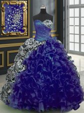 Sweet Printed With Train Lace Up Ball Gown Prom Dress Blue for Military Ball and Sweet 16 and Quinceanera with Beading and Ruffles and Pattern