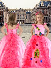 Fantastic Rose Pink Ball Gowns Spaghetti Straps Cap Sleeves Organza and Taffeta Floor Length Lace Up Beading and Appliques and Ruffles Girls Pageant Dresses