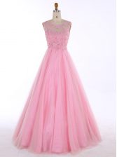 Gorgeous Scoop Beading and Appliques Prom Dress Baby Pink Backless Sleeveless Floor Length