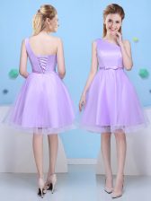 High End One Shoulder Lavender Sleeveless Knee Length Bowknot Lace Up Quinceanera Court of Honor Dress