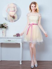 Latest Scoop Tulle Short Sleeves Mini Length Quinceanera Court of Honor Dress and Lace and Appliques and Ruffles and Bowknot
