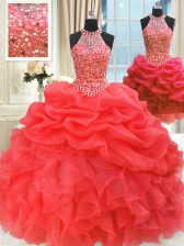 Dramatic Three Piece Red Ball Gowns High-neck Sleeveless Organza Floor Length Lace Up Beading and Pick Ups Sweet 16 Quinceanera Dress