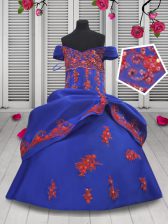 Hot Sale Royal Blue Lace Up Off The Shoulder Beading and Appliques Little Girl Pageant Gowns Satin Sleeveless