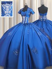 Extravagant Blue Taffeta Lace Up Sweetheart Short Sleeves Floor Length Sweet 16 Dresses Beading and Appliques