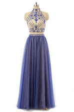Popular A-line Prom Dresses Navy Blue Halter Top Tulle Sleeveless Floor Length Zipper