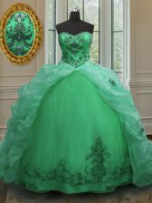 New Style Green Sleeveless With Train Beading and Appliques and Pick Ups Lace Up Sweet 16 Quinceanera Dress