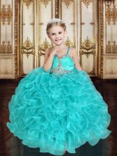 Pretty Turquoise Lace Up Straps Beading and Ruffles Little Girls Pageant Gowns Organza Sleeveless