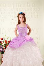 Latest Ruffled Floor Length Fuchsia Little Girls Pageant Gowns Straps Sleeveless Lace Up