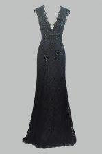 Sexy Black Column/Sheath Lace V-neck Cap Sleeves Beading and Lace Floor Length Zipper Evening Dress
