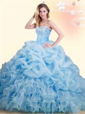  Sleeveless Organza With Brush Train Lace Up Quinceanera Gown in Baby Blue with Beading and Ruffles and Pick Ups