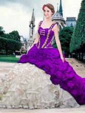  Straps Pick Ups With Train Ball Gowns Sleeveless White And Purple Sweet 16 Quinceanera Dress Brush Train Lace Up
