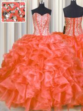 High End Sleeveless Organza Floor Length Lace Up Quinceanera Dress in Red with Beading and Ruffles