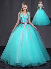 Best Floor Length Ball Gowns Sleeveless Aqua Blue Ball Gown Prom Dress Lace Up