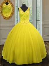 Wonderful Yellow V-neck Neckline Beading Sweet 16 Dresses Sleeveless Zipper