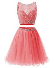 Romantic Watermelon Red Sleeveless Beading and Belt Mini Length Prom Gown