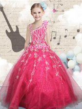 Best Tulle Asymmetric Sleeveless Lace Up Appliques Kids Formal Wear in Red