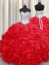  Red Ball Gowns Sweetheart Sleeveless Organza Floor Length Lace Up Beading and Ruffles Quinceanera Gown