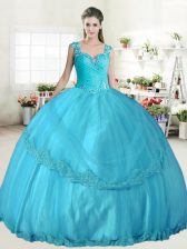 Luxury Floor Length Aqua Blue Sweet 16 Dresses Straps Sleeveless Lace Up