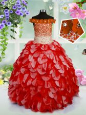 Best Red Off The Shoulder Neckline Beading and Hand Made Flower Little Girls Pageant Dress Wholesale Sleeveless Lace Up