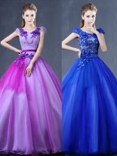 Dynamic Lace and Appliques Quinceanera Dress Purple Lace Up Short Sleeves Floor Length