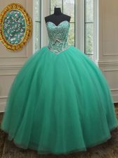 New Style Floor Length Turquoise Vestidos de Quinceanera Tulle Sleeveless Beading