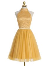  High-neck Sleeveless Zipper Prom Dress Gold Organza