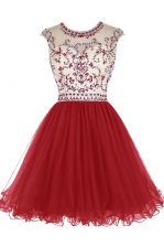Sophisticated Scoop Wine Red Cap Sleeves Mini Length Beading Zipper Prom Evening Gown