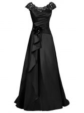Custom Design Black Scoop Zipper Beading and Appliques Prom Dresses Cap Sleeves